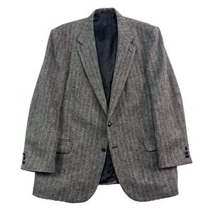 VTG 90s Black White Herringbone Tweed 46L Blazer Jacket Sport Suit Coat Wool